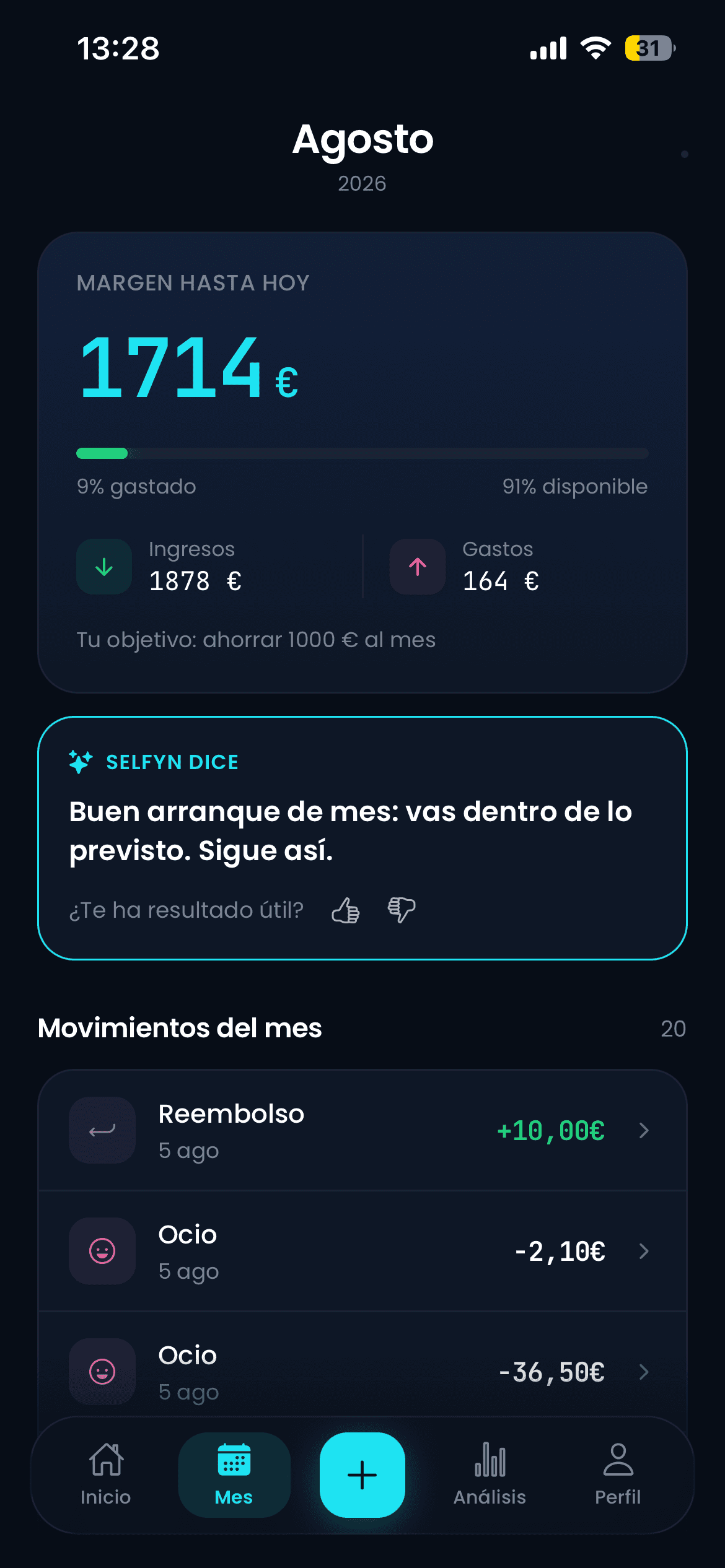 Pantalla de Mes de Selfyn con el ritmo de gasto