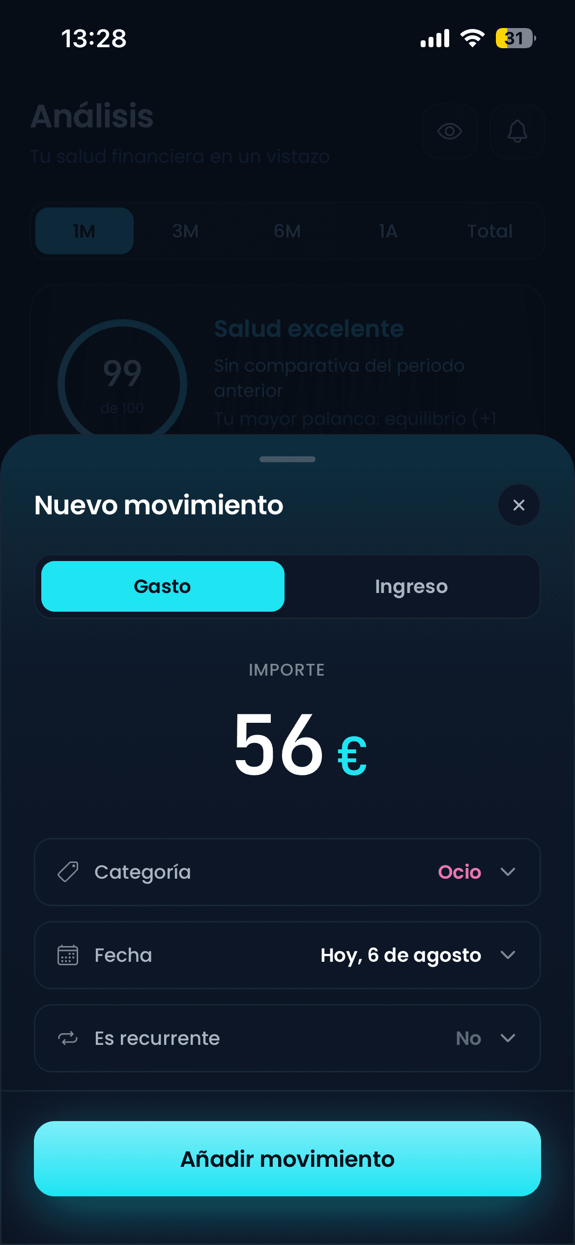 Hoja de nuevo movimiento en Selfyn, con importe, categoría y fecha